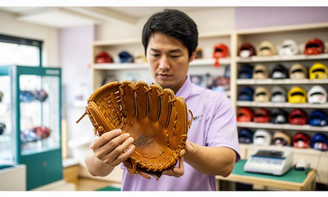 いなべ市の明るい店内でスタッフが野球グローブの革の状態を確認している様子
